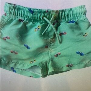 Kids Green Swim Trunks with Car Print